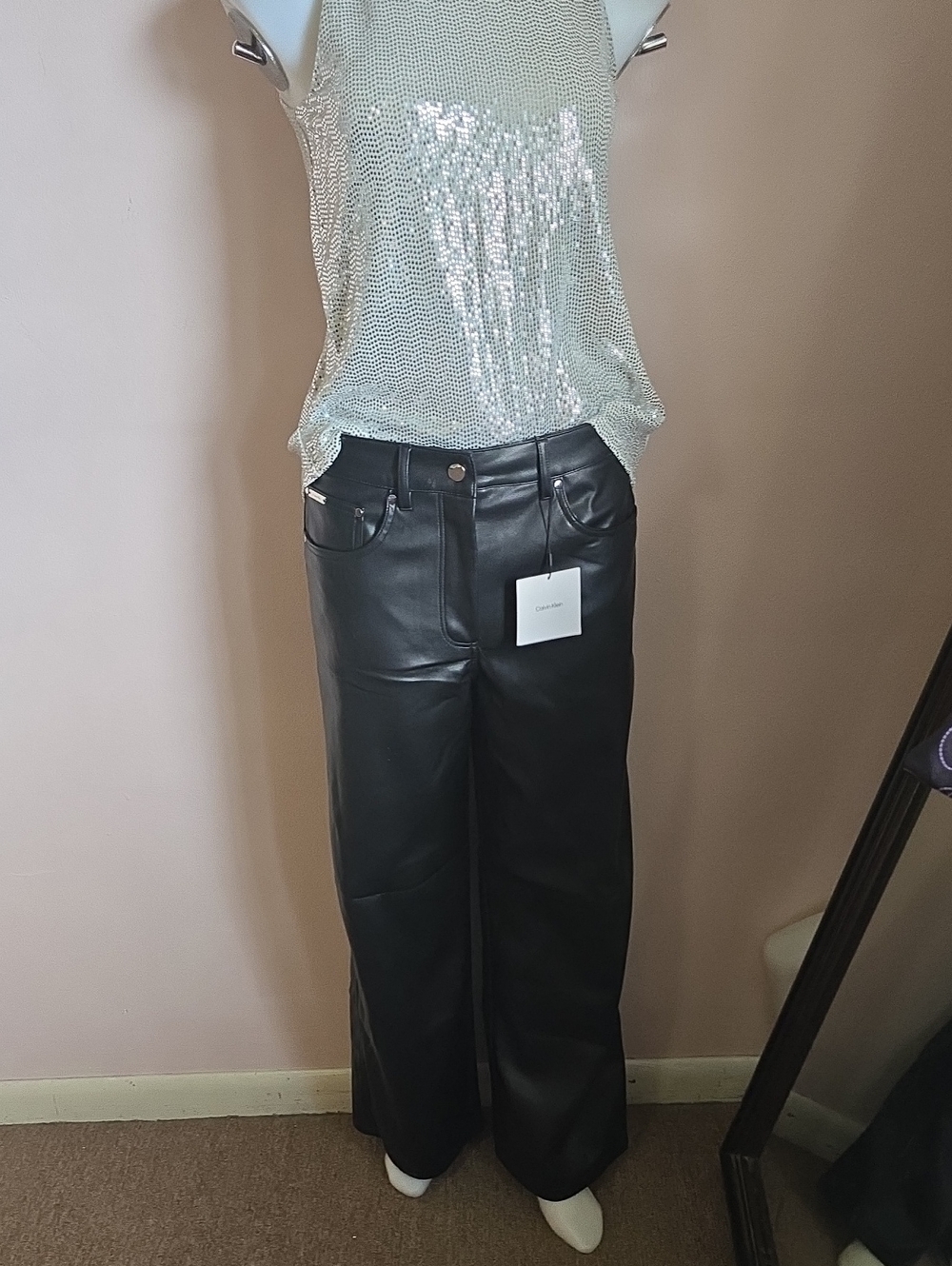 Calvin Klein Black Faux Leather Wide-Leg Pants with Sequin Cream Tank